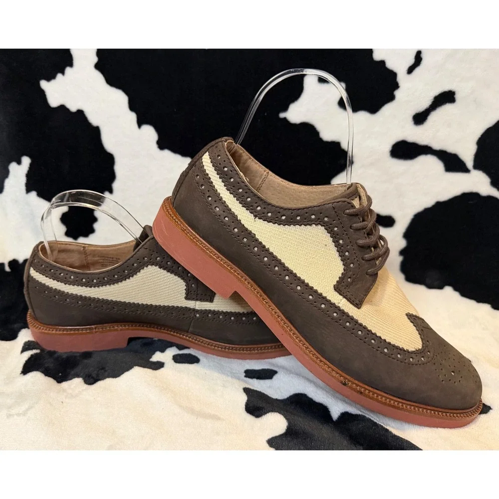Polo Ralph Lauren Torrington Brown Leather Canvas Wingtip Brogue‎ Shoes 8.5D